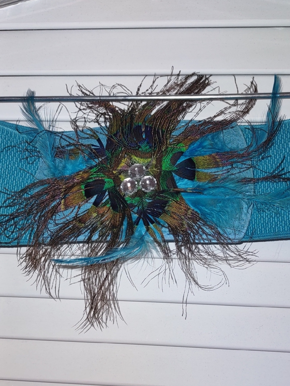 Peacock Feathers Turquoise Blue Wide Stretch Belt w/ Rhinestones